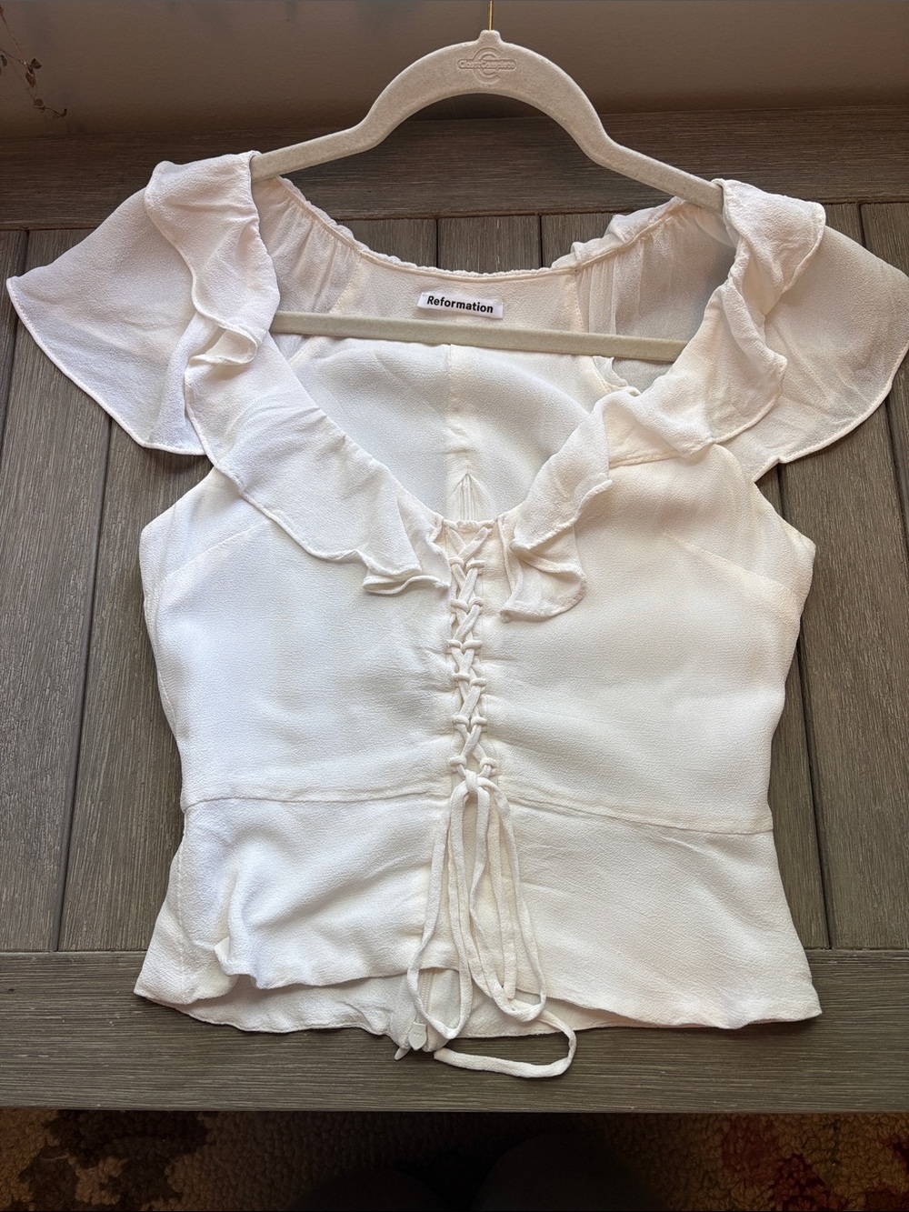 Reformation Cream Ruffle Lace-Up Blouse